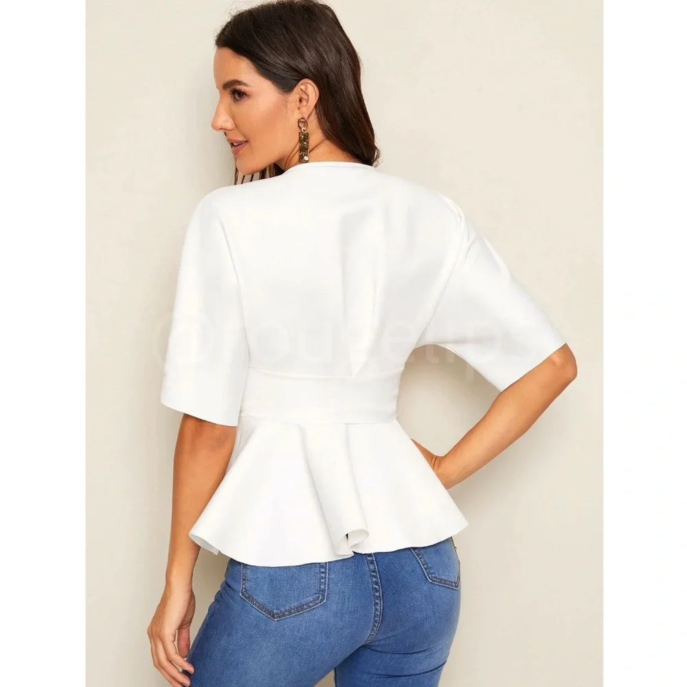 White Peplum Top V-Neck Half Sleeve Front Ties - Picture 4 of 12